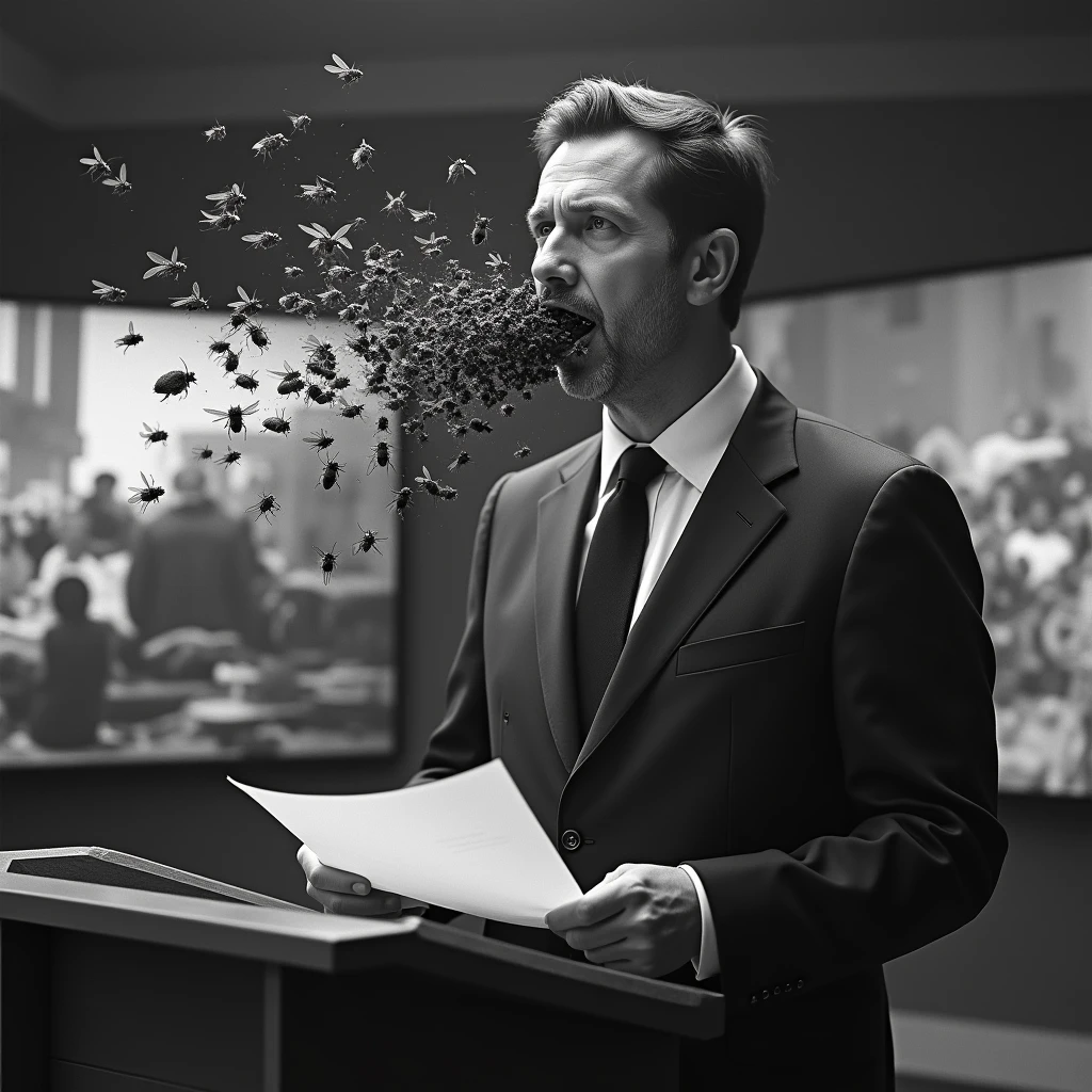 first floor. [a news reporter in a suit and tie reads the news about the war from a sheet of paper, with the related images behind him]. Thousands of flies come out of the journalist&#39;s mouth. Flies spread across the TV studio. [flies come out of the mouth:1.5]