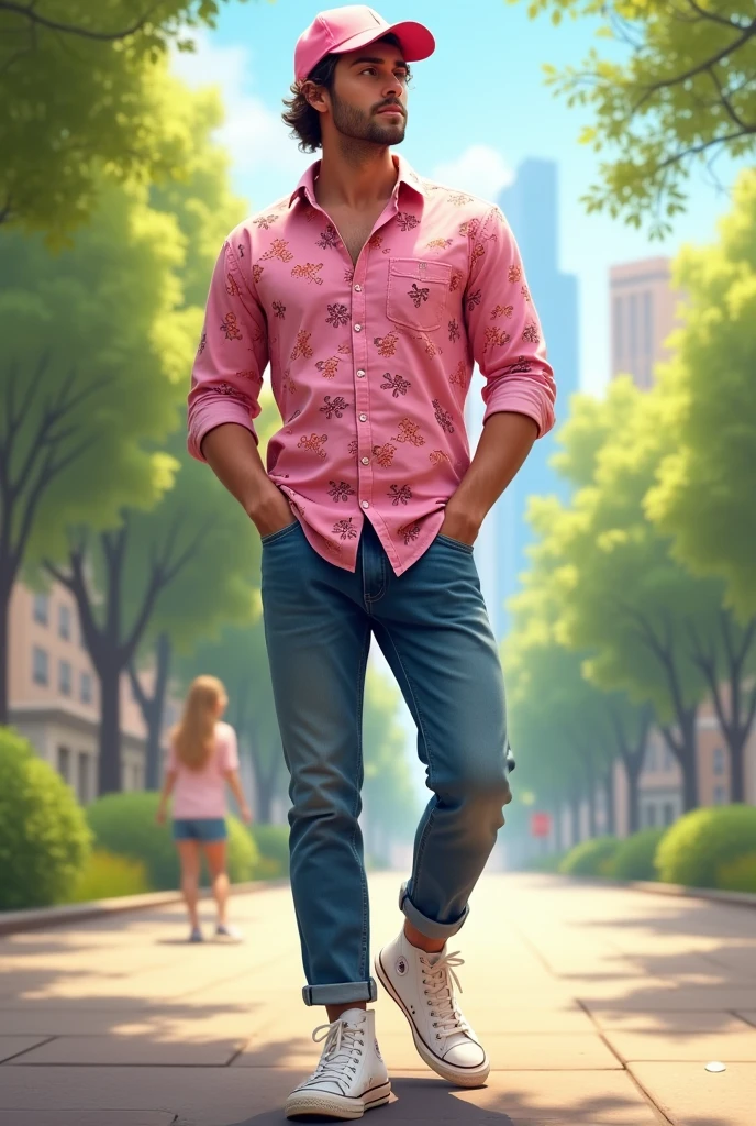 Man in pink floral shirt,brown hair pink cap, jeans and white all star