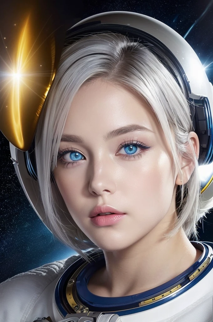 A closer look at a better masterpiece：1.5)0.9]、(Space and astronauts：1.2) (Disheveled silver hair：1.1) (Heterochromia and Yellow and Blue Eyes：1.2) (Space Helmet：1.0) (Colored stars in the eyes：1.0) (Shining Light：1.1) (Thick lips：0.9)