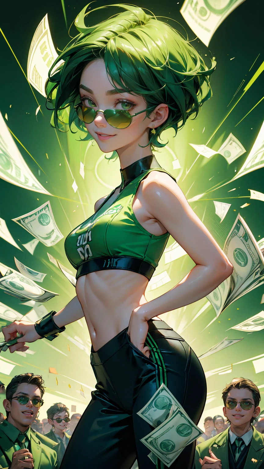 realistic Happy woman with cat ears and green hair fully clothed in jacket and pants, holding lots of money and gold around, dynamic pose and angle
