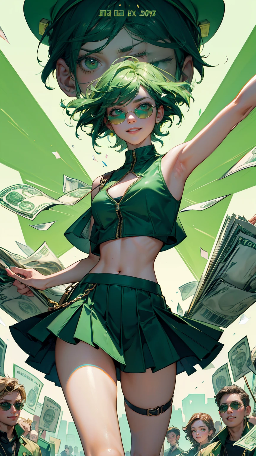 , add green color, more green color add zoom out, full charracer images, all lots of green color A beautiful, cute girl with stylish short hair, wearing sunglasses and a green crop top, standing confidently in a shopping cart filled with gereen money bags, dollar bills, and green coins. She is flexing her arms with a big smile, exuding a sense of victory and confidence. The background is split into two contrasting halves: one side shows a dark green green sky with worried people and falling stock market candles, while the other side is bright and sunny, with a cheerful sun emoji lifting the market upward, surrounded by flying dollar signs and money bags. Crowds of people in the background are looking astonished or excited, adding to the dramatic financial turnaround theme of the scene