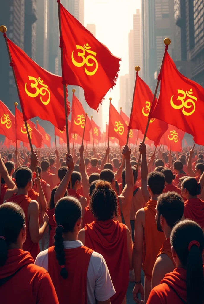 Crowd with red flags with om symbol 
