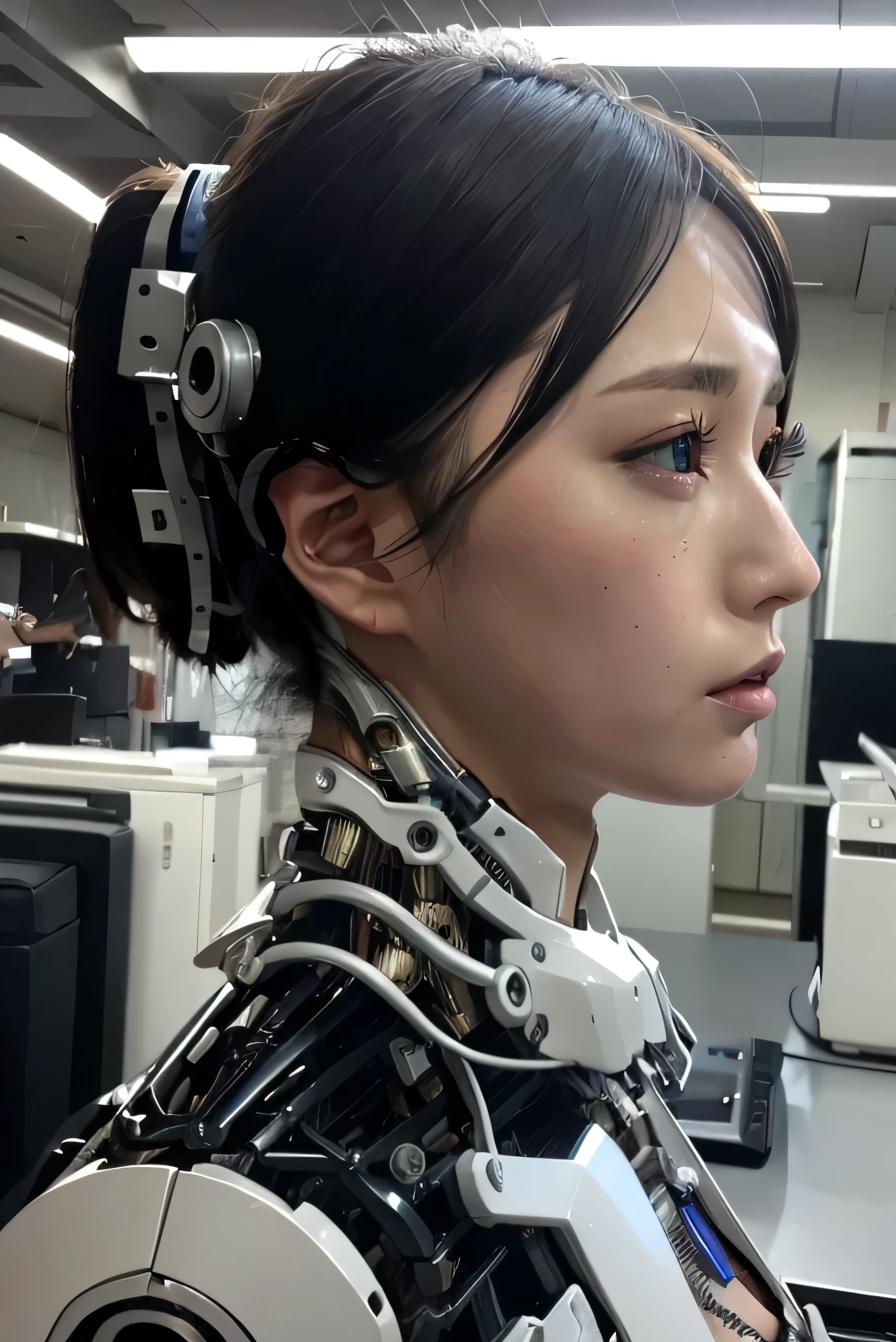 masterpiece, best quality, extremely detailed, Japaese android girl,Plump , control panels,android,Droid,Mechanical Hand, Robot arms and legs, Black Robot Parts,Black hair,Mechanical body,Blunt bangs,White robotics parts,perfect robot girl,future information counter,reception,long tube,thick cable connected her neck,ceramic body ,mechanical body,mechanical costume,android,robot,humanoid,cyborg,information office,japanese android receptionist ,mechanical chest,blue eyes,office-lady