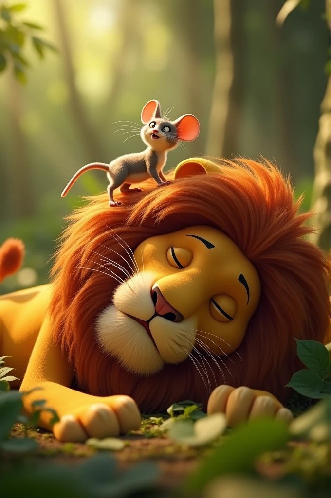 in Cinematic 3d cartoon style "Mouse Climbing: The mouse climbing onto the lion's tail and causing the lion to wake up with a surprised expression."
