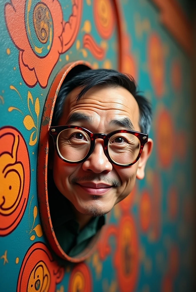 create an image of Jose Mari Chan peeking and holding our logo