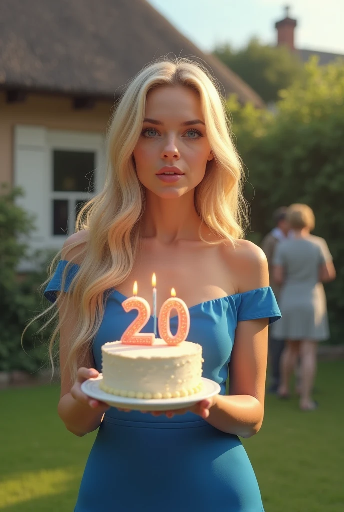 Create a realistic image of a 20 year old woman,
long blond hair, blue eyes, cheekbones, ((full body)),
Dressed in a blue dress, holds a birthday cake with candles (20 years), blows out the candles, background image: in a garden with her house behind and people next to it,
head to toe, full body, hyper realistic photo
