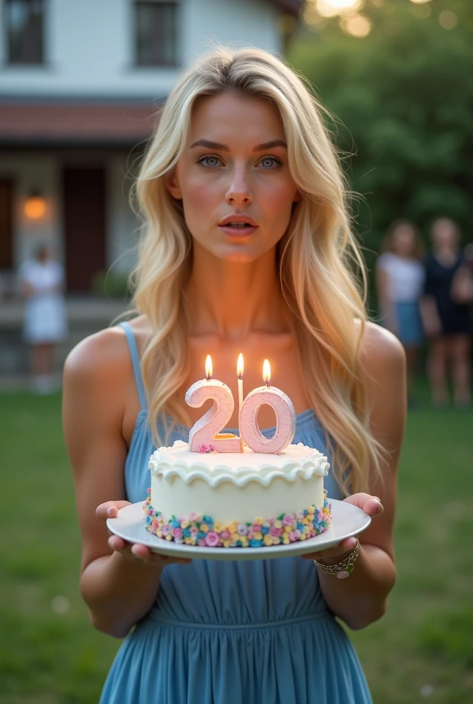 Create a realistic image of a 20 year old woman,
long blond hair, blue eyes, cheekbones, ((full body)),
Dressed in a blue dress, holds a birthday cake with candles (20 years), blows out the candles, background image: in a garden with her house behind and people next to it,
head to toe, full body, hyper realistic photo