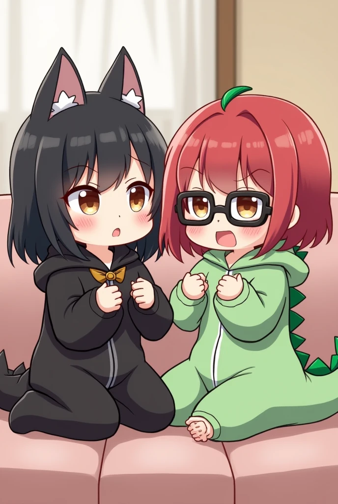 one girl has black wolfcut hair, wearing a cute black bat pajama with hoodie scolding the crying girl with red shoulder length wolfcut hair, wearing black glasses, brown eyes, wearing a cute green dinosaur pajama with hoodie in sofa. make them look like a chibbi