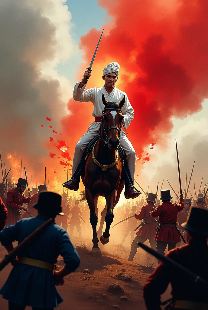 Create an illustration of a historical battle scene featuring Prince Diponegoro, a key figure in the Indonesian struggle against colonial forces. Prince Diponegoro should be depicted in a white traditional outfit, holding a kris (dagger) and riding a horse. He is leading his troops in a fierce confrontation against colonial soldiers, with a dramatic and dynamic atmosphere highlighting the intensity of the battle. The prince wears a turban on his head and a blood red war aura. Gambar sedang galam lokasi pertemouran, tambahkanadegan tertembak dan lain lain yg menggambarkan pertarungan sengit, pasukan pangeran diponegoro adalah rakyat biasa melawan kolonial