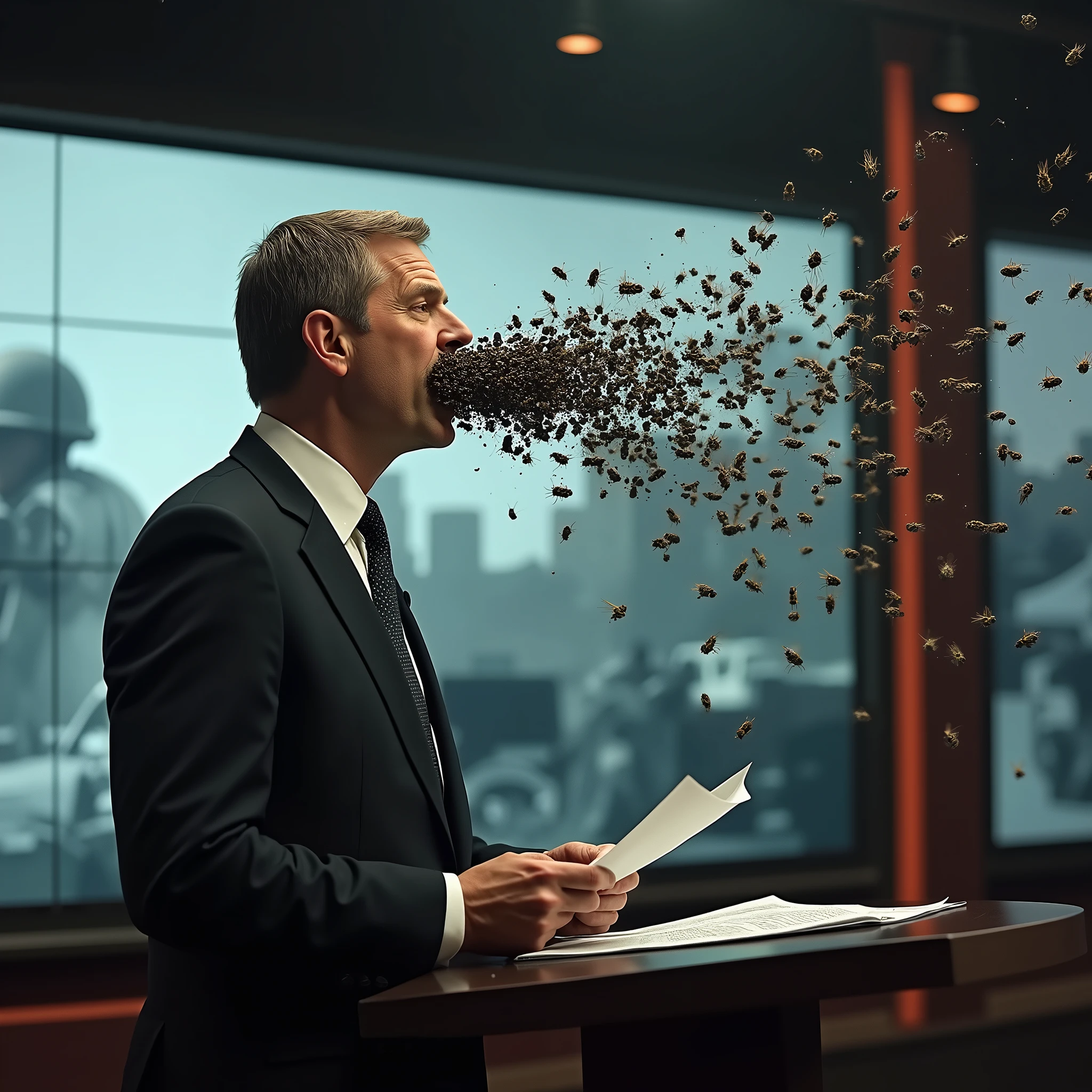 first floor. [a news reporter in a suit and tie reads the news about the war from a sheet of paper, with the related images behind him]. Thousands of flies come out of the journalist&#39;s mouth. Flies spread across the TV studio. [flies come out of the mouth:1.5]