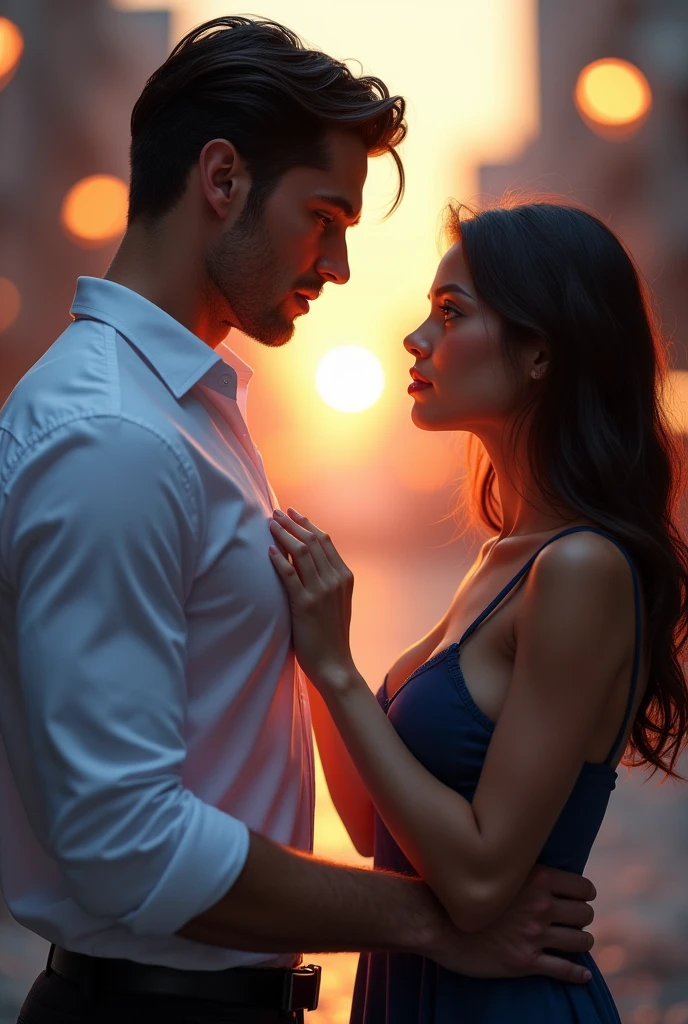 Create a stunning hyper realistic photo of a tall very handsome man with blue eyes and very dark jet black hair,his white long sleeves should be rolled up his biceps and he should be standing before a young girl of 23 who has brown straight hair and very pretty,he should be holding her left hand
She might love somewhat unhappy though,she should be wearing a dark blue dress.
There should be a blur background of a city and the setting sun