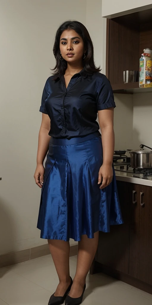 A 3 plus sized South Indian women wearing a blue colour silk short skirt and black colour shirt, standing in a kitchen 