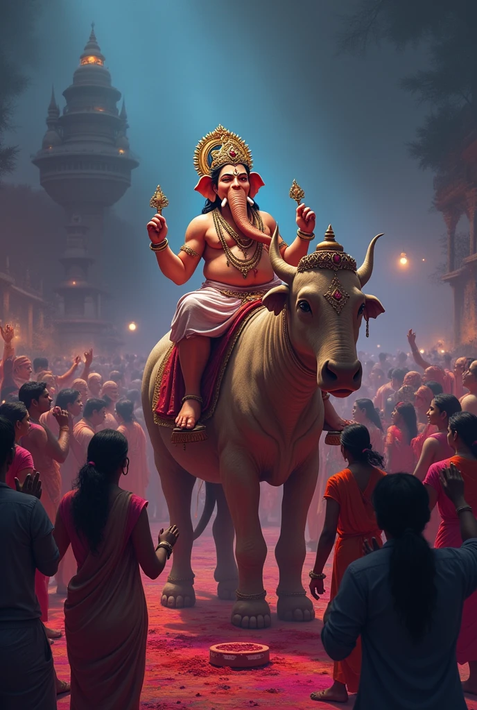 Ganesha ji, apni sawari rat pr baithe hua hai. Or unke side me bhole ji hai and un doono ke  front me elephant and cow hai. And public unki Pooja kr rahi hai. And colour laga rahey hai ek dusroo ke