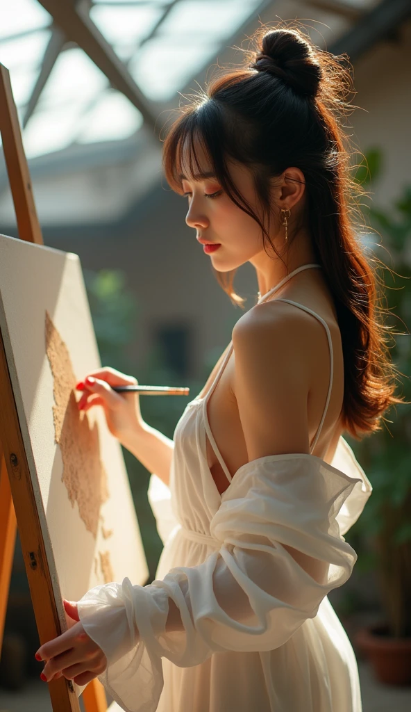 High-definition photography of an Asian female painter, clad only in an open-front white long shirt with no additional clothing or pants, showcasing her distinctive and unconventional style, one shoulder strap slipping off, revealing her sensuality and charm, painting in a loft with sunlight filtering through the skylight, masterpiece, best quality, high-resolution style, natural lighting, depth of field, detailed character, detailed environment.