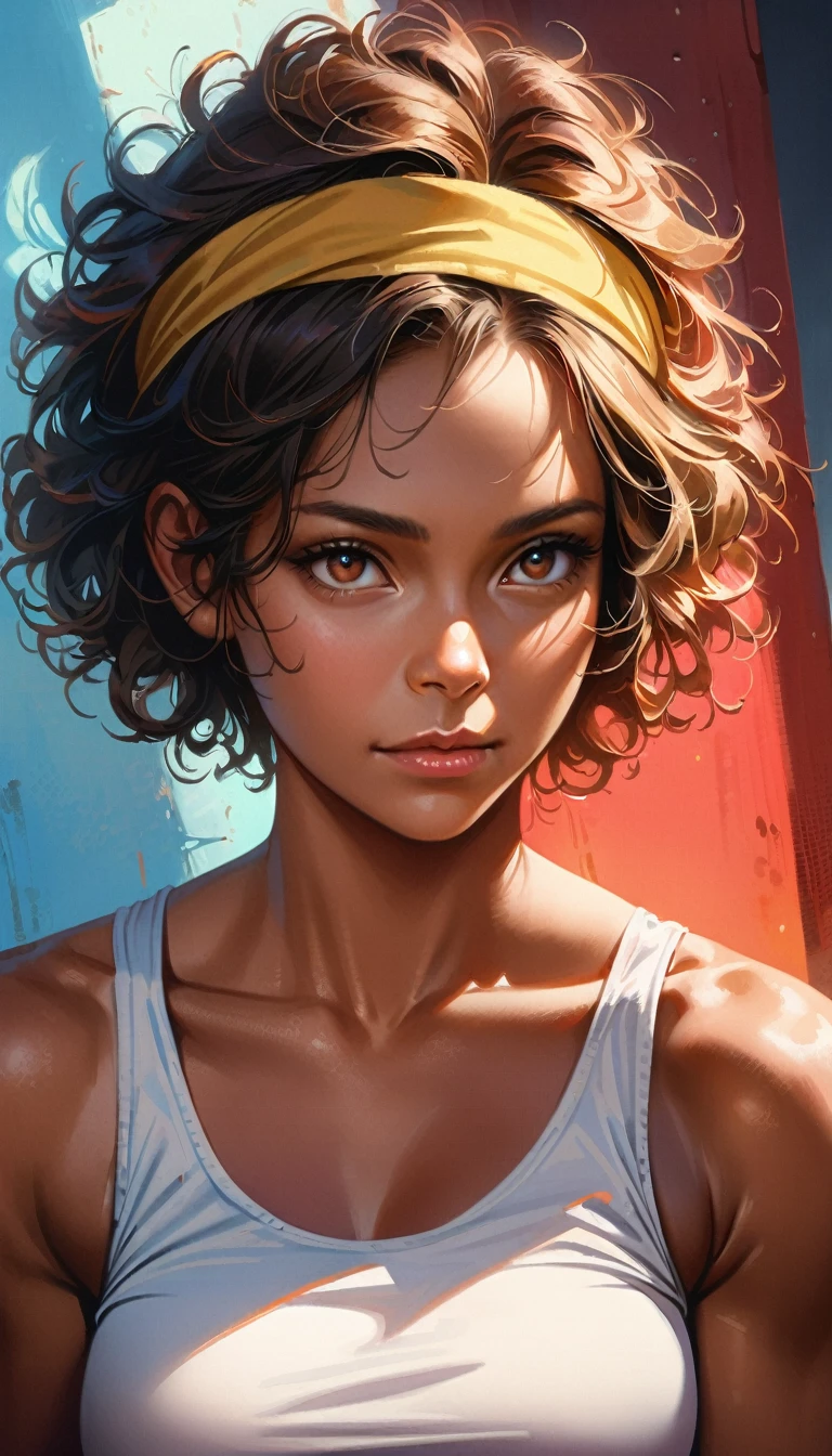 Solo, jewish girl, cascina caradonna, 1girl, (very curly open wild dark brown hair), wide seductive lips, smirking, skin, larger nose, high detailed face, 4k , camletoe, (small breasts, straight waist,wide hip, slightly chubby body,inflated legs,thick thighs,(detailed face)), 4k, look at camera, highly detailed face, ((showering in brightly lit yellow tiled bathroom)), ((one-piece swimsuit)),  ((((((head portrait)), perspective from bottom))))