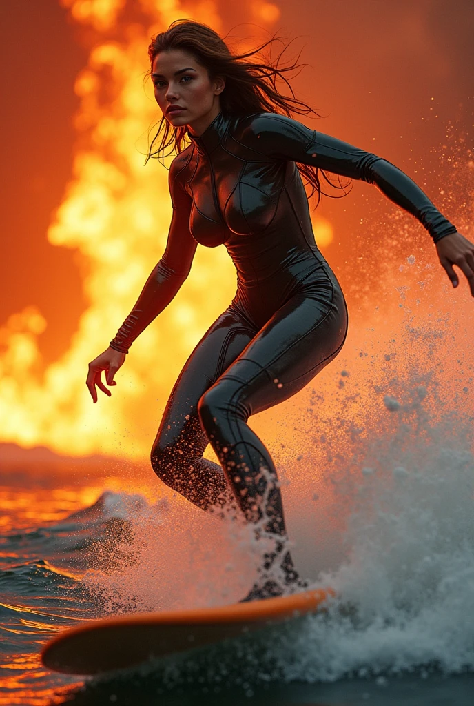 beautiful girl surfing in lava flow during volcanic eruption. detailing, hyperrealism, Figure, sexy protective suit. Mechanical surfboard. 
