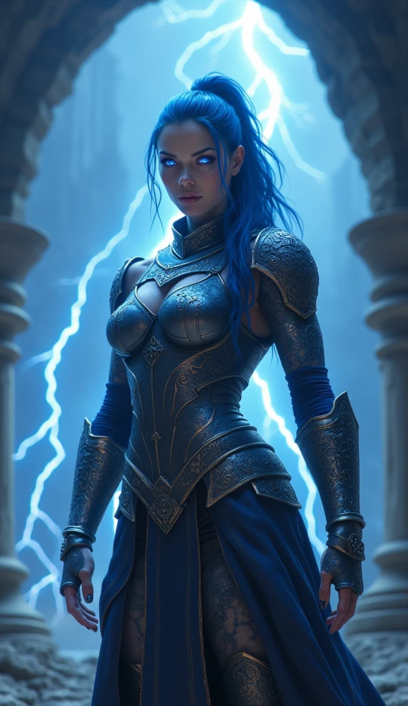 Aletta Ocean, angry evil beautiful and muscular, Nordic female, towering storm Giantess with blue black hair in a ponytail, older and mature woman, throwing a lightning ball, celtic glowing tattoos, wearing nordic steel runic plate mail Armour , temple cave background with lightning storm, glowing blue eyes, square jaw, powerful and imposing, winter clothing, pale blue purple skin, ((full plate celtic dragon armour)), nordic tattoos, fit bodybuilder, facing the camera , ultra detailed,  looking outraged