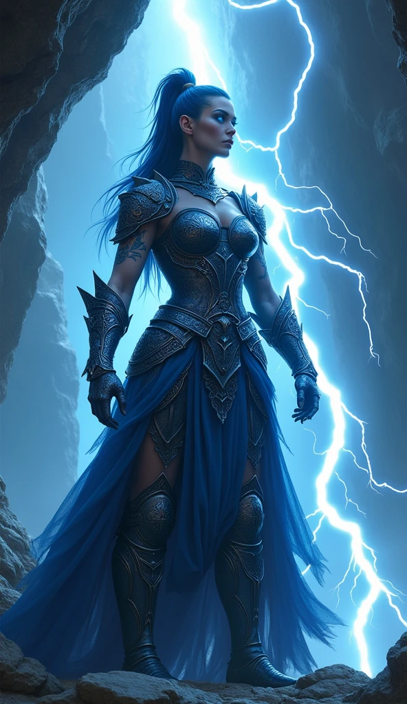 Aletta Ocean, angry evil beautiful and muscular, Nordic female, towering storm Giantess with blue black hair in a ponytail, older and mature woman, throwing a lightning ball, celtic glowing tattoos, wearing nordic steel runic plate mail Armour , temple cave background with lightning storm, glowing blue eyes, square jaw, powerful and imposing, winter clothing, pale blue purple skin, ((full plate celtic dragon armour)), nordic tattoos, fit bodybuilder, facing the camera , ultra detailed,  looking outraged