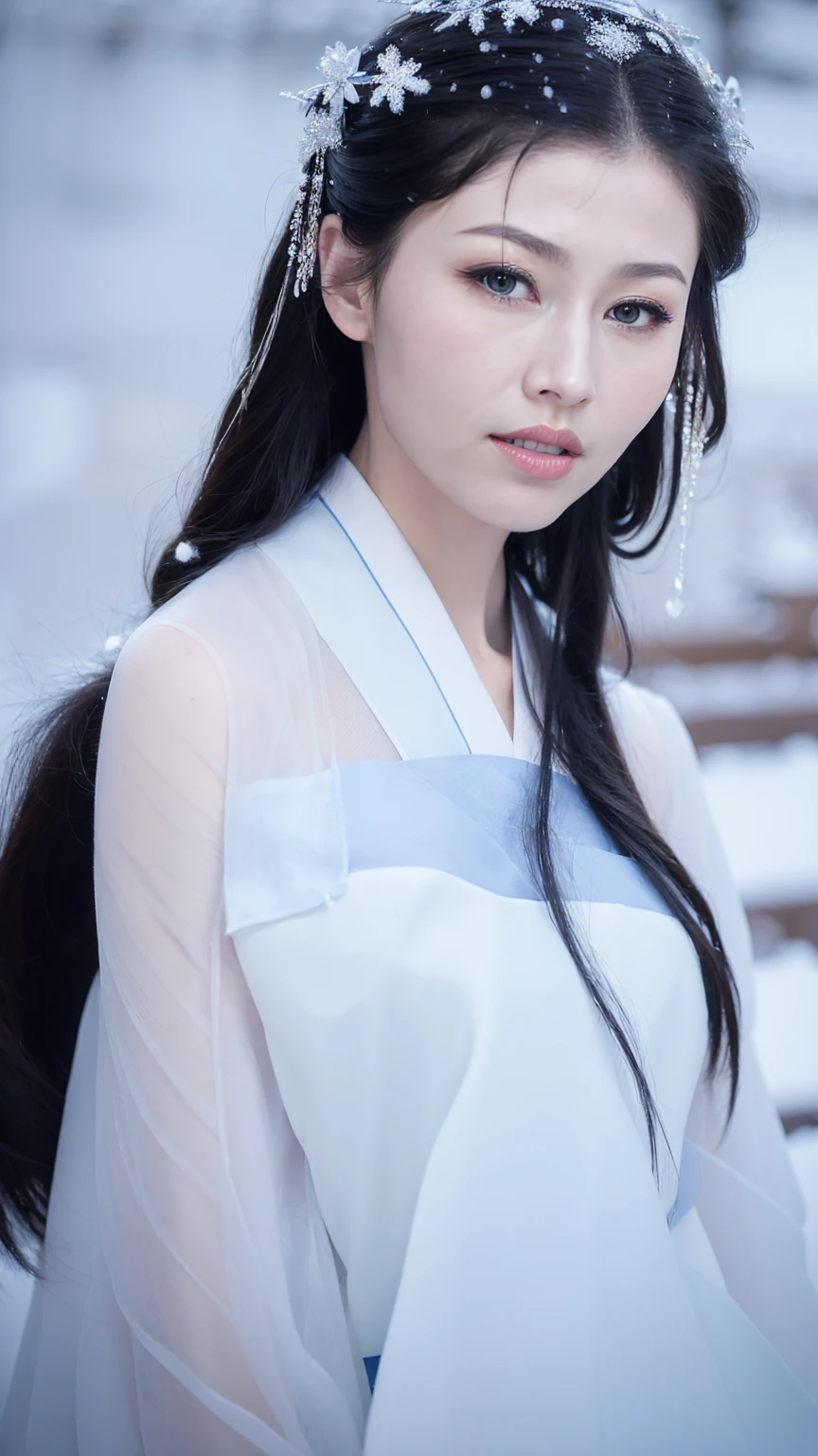 1 Fashion Model [[[[close up]]]], [[[[neck]]]], [[[[Shoulder]]]], (((Complete head)))，(((Complete hairstyle)))，Perfect eyes, Perfect Iris，Perfect lips，Perfect Teeth，Perfect skin，White skin，Soft headlights，High-density imaging，Black long hair，（Clean and delicate face），((White fur winter hanfu))，((Half-length photo))，((The background is a snowy scene))，((winter))，((Various dynamic poses))，((The background is a snowy scene))，best quality，masterpiece，（Soft colors：1.2）