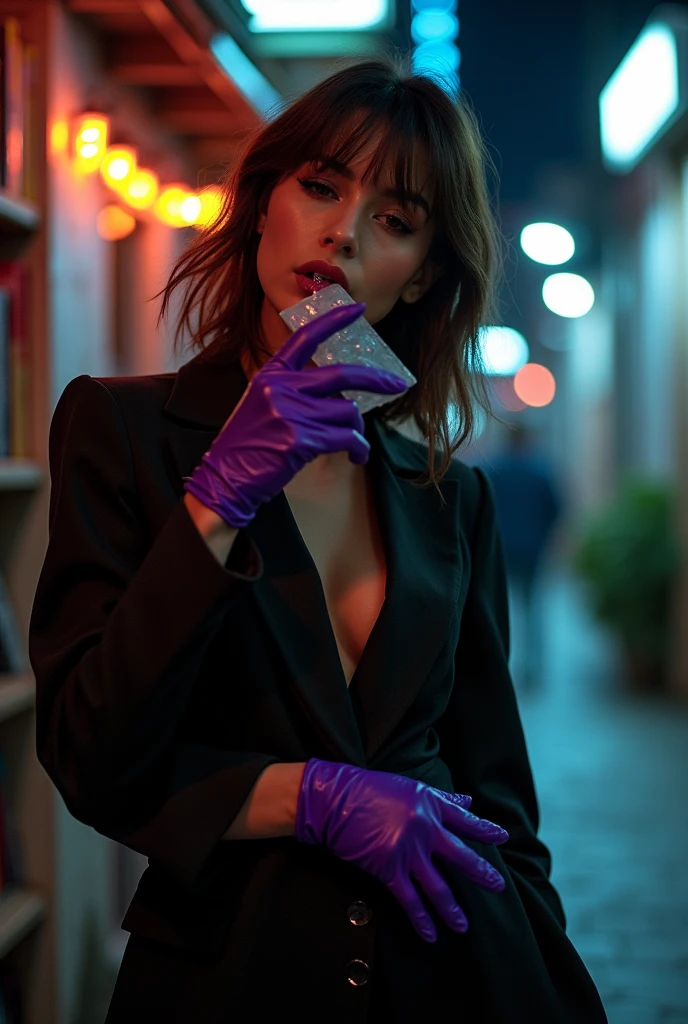 (best quality,highres,masterpiece:1.4),ultra-detailed,sexy woman on a nighttime street, Kafka, black jacket, purple gloves, huge file size, art collection, art books, medium-sized breasts, cinematic angle, black, slender waist, (melting ice popsicle in mouth)