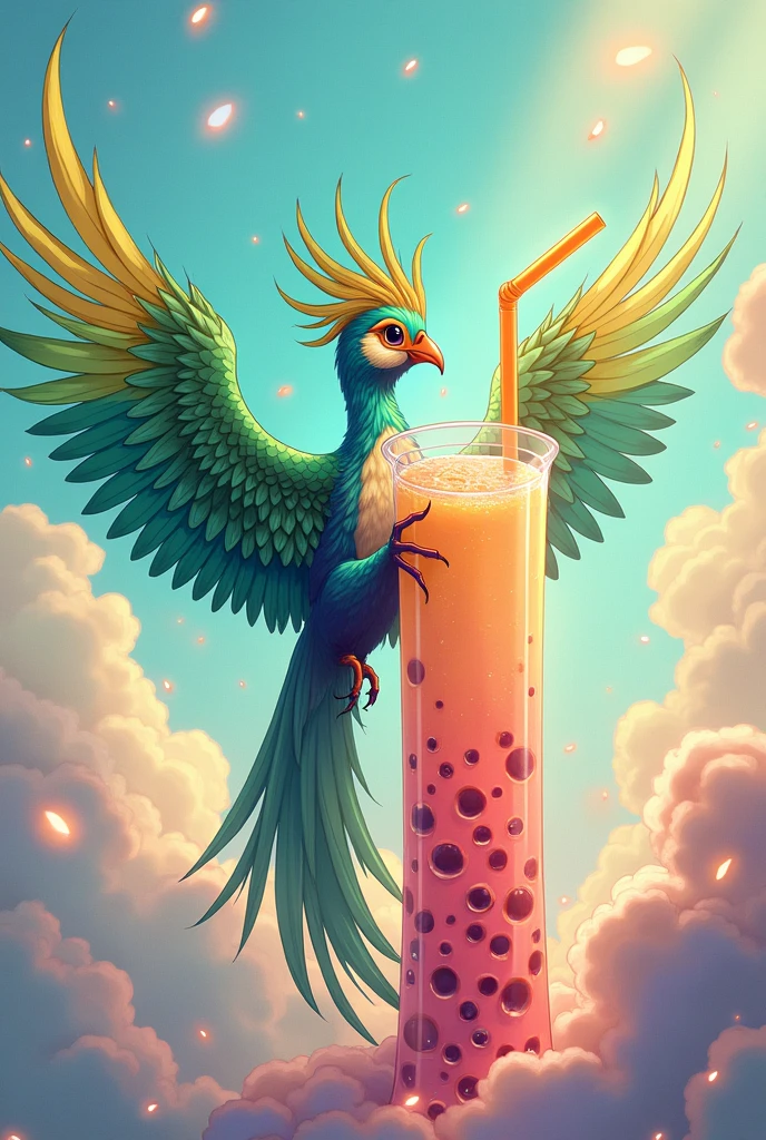 Anime of a quetzal showing a bottomless bubble tea