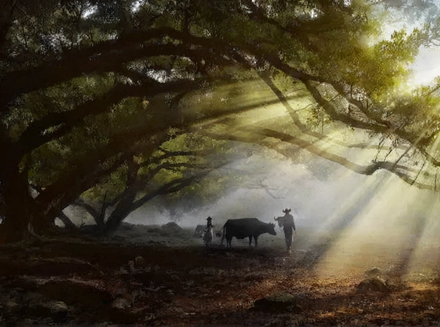 Sunlight透过 the trees onto a man and a cow, rays of life, early morning的Sunlight, Beautiful backlighting, Amazing composition, Great composition, 一些Sunlight, Excellent composition, Dreamlike scene, Beautiful lighting composition, Perfect composition and lighting, Sunlight, Very beautiful photos, Sunlight透过, early morning, beautiful natural backlight