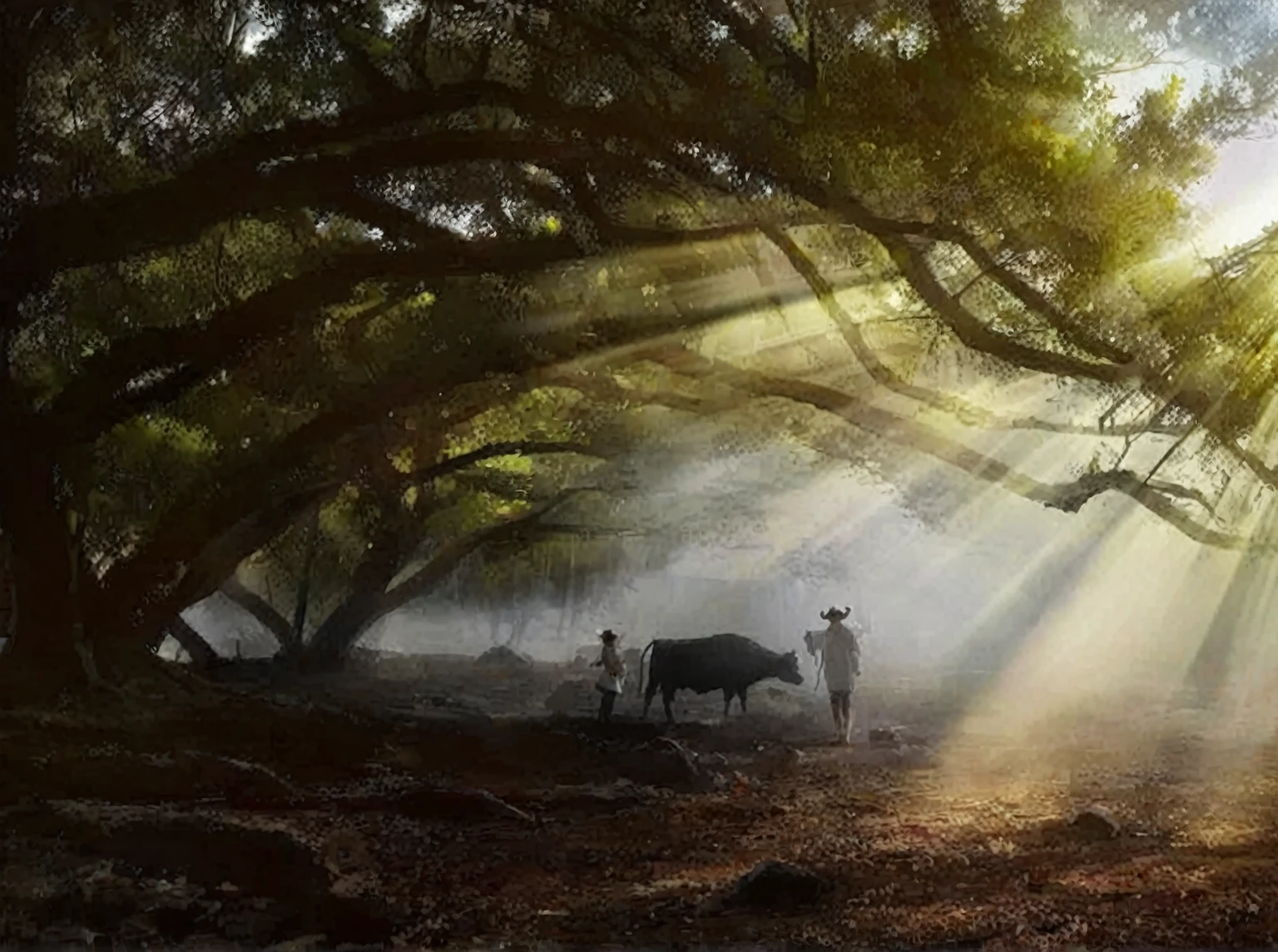 Sunlight透过 the trees onto a man and a cow, rays of life, early morning的Sunlight, Beautiful backlighting, Amazing composition, Great composition, 一些Sunlight, Excellent composition, Dreamlike scene, Beautiful lighting composition, Perfect composition and lighting, Sunlight, Very beautiful photos, Sunlight透过, early morning, beautiful natural backlight