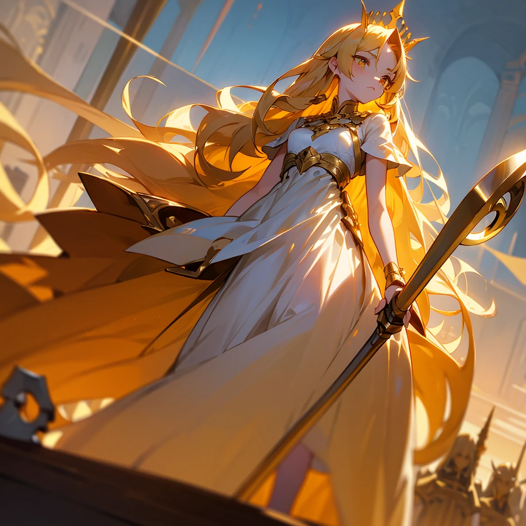 Honey-colored hair Defiant golden eyes Long Straight Hair Pure white battle dress crown tiara edelweiss Twilight Sky Fortress Petite low length Small breasts He holds a huge double-edged battle axe like a walking stick.
