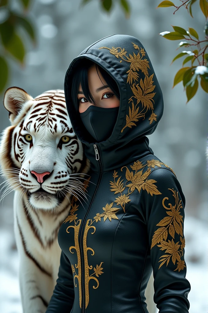 visual of a beautiful woman whose face is disguised by an alien shogun mask wearing a tight black spandex jacket covered with a gold leaf tattoo embroidery design accompanied by a white tiger staring intently in the snow photograph 8k hd ultra realistic contrast color sitting green leaves