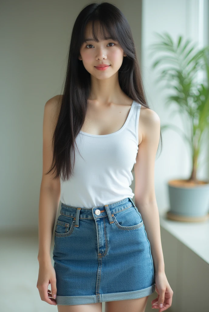 Realな写真、、Japanese high school girl、((whole body))、((photo:1.4、Tank top:1.3、Denim mini skirt:1.4、Straight Hair:1.4、))、cute、bangs、Detailed face and body、((photoReal:1.5))、Natural lighting、High resolution、photoリアリスティック、(Highest quality、8k、High resolution、masterpiece:1.2)、Super detailed、(Real、photoリアリスティック、photoリアリスティック:1.37)、Realな肌の質感、Detailed eyes and lips、Beautifully detailed face、Long eyelashes、Smooth Skin、Slim figure、cute、smile、Young、、NSFW、