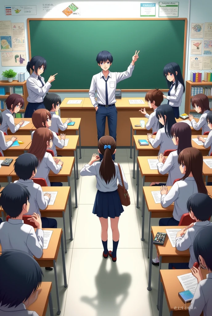 Anime students and teacher in concise classroom