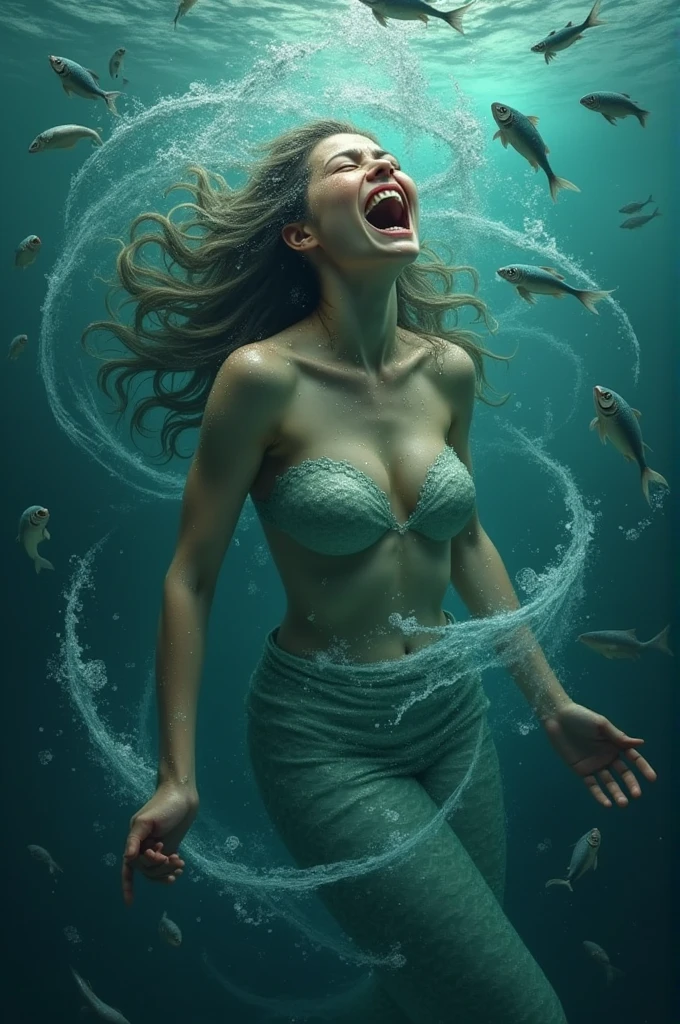 Picture of a mermaid wailing in the sea with fish. The mermaid is very beautiful and topless.