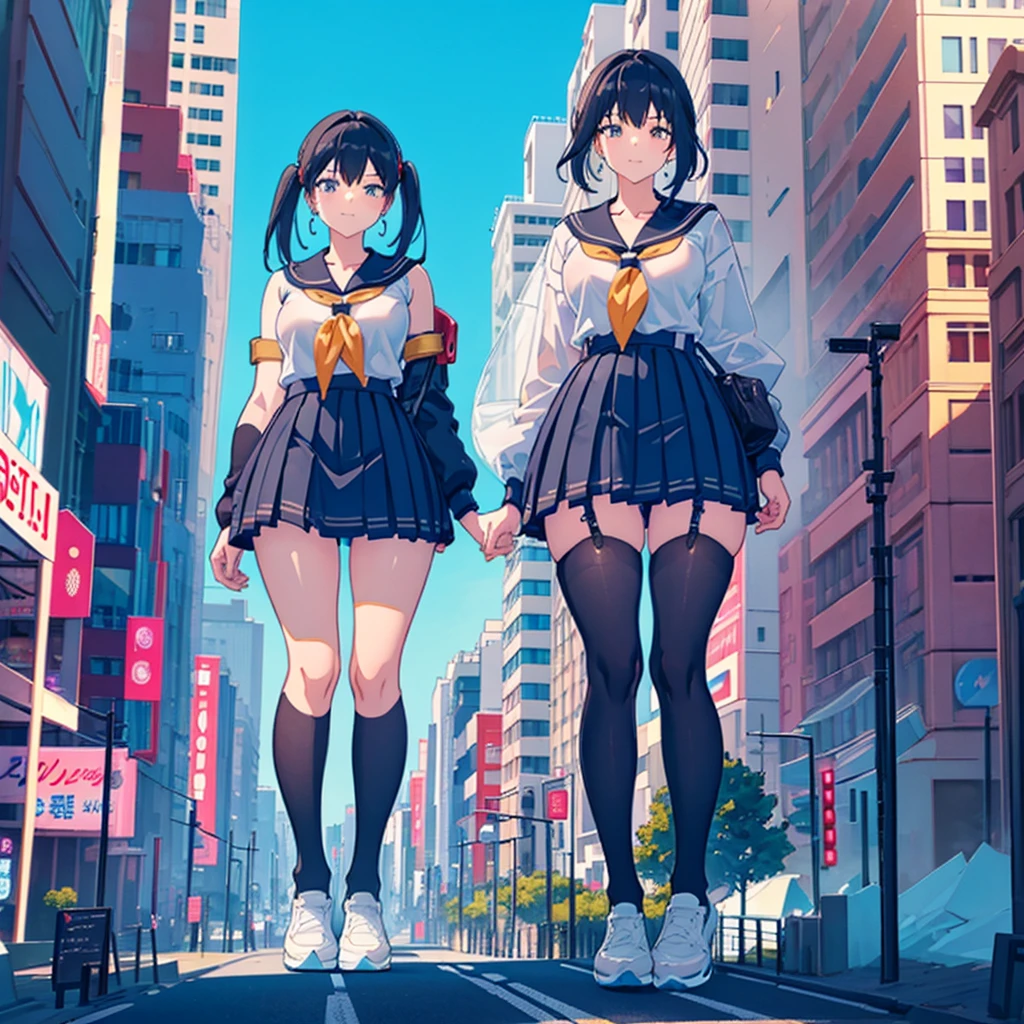  ((Two giant high school girls standing on the road) ) Composition seen from below, true sunset, sunset, evening, masterpiece Anime style Delicate painting 4K 90's Huge Multiple crowd Crowd in a big city Lots of people ) (( Sailor Uniform)) ((School Uniform)) ((Big City)), ((Tokyo Akihabara Electric Town)), Big Breasts, High School Girl, Transparent Costume, Sweaty, Splashes, Sneakers, Watch, Black Hair, Smile, Female Titan Giant Girl Full Body Crowd Unreal Engine, Cleavage, Image, Earrings, Cute Photo, Beauty, Analog Style, Full Body, Sneakers, GTS, Giant Female Giant, Building Valley Girl, Skyscraper City, Big City, GTS , Giant Female Titan,