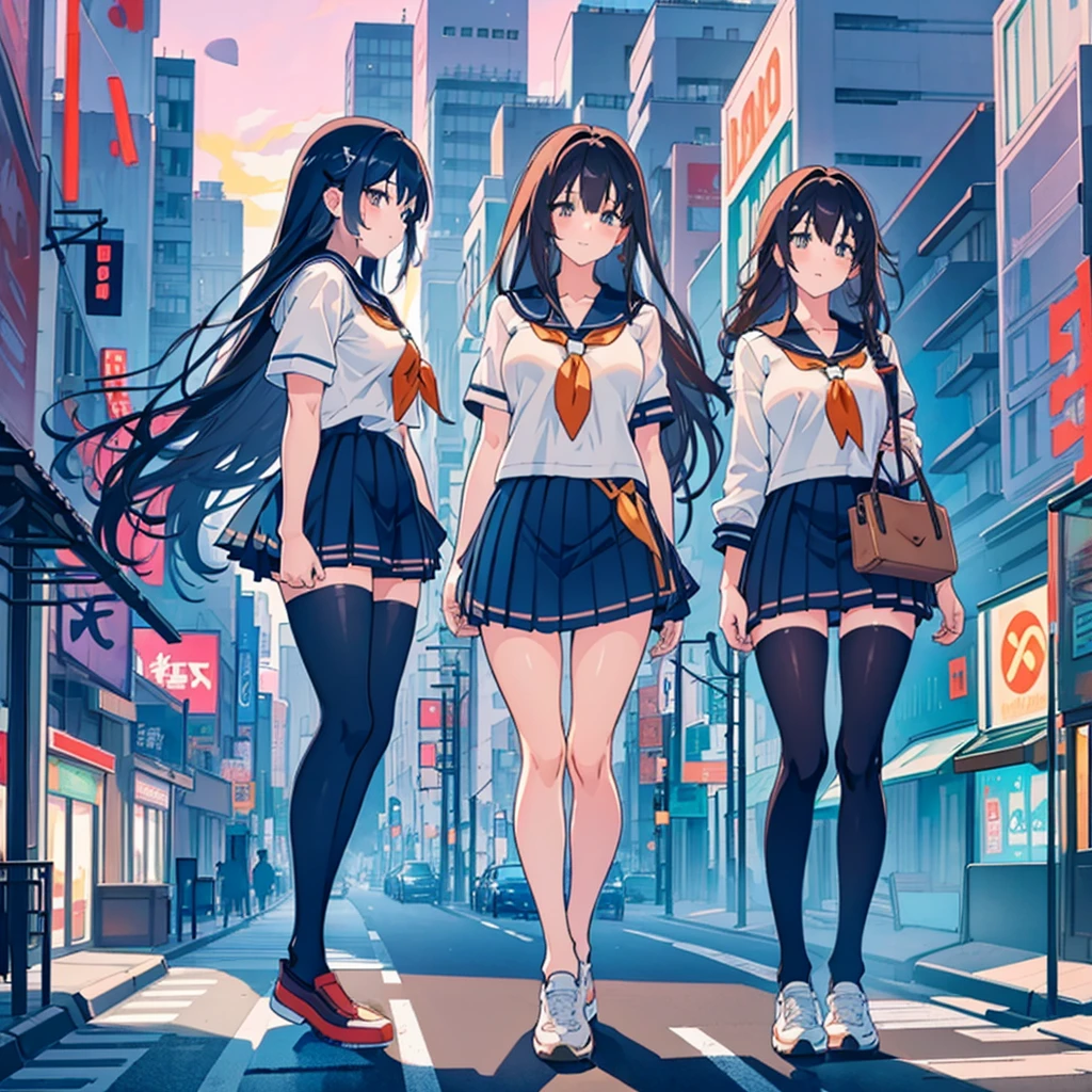  ((Two giant high school girls standing on the road) ) Composition seen from below, true sunset, sunset, evening, masterpiece Anime style Delicate painting 4K 90's Huge Multiple crowd Crowd in a big city Lots of people ) (( Sailor Uniform)) ((School Uniform)) ((Big City)), ((Tokyo Akihabara Electric Town)), Big Breasts, High School Girl, Transparent Costume, Sweaty, Splashes, Sneakers, Watch, Black Hair, Smile, Female Titan Giant Girl Full Body Crowd Unreal Engine, Cleavage, Image, Earrings, Cute Photo, Beauty, Analog Style, Full Body, Sneakers, GTS, Giant Female Giant, Building Valley Girl, Skyscraper City, Big City, GTS , Giant Female Titan,