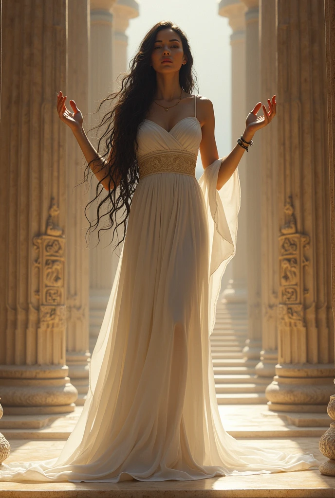 Beautiful priestress of temple of olympus wearing white long gawn beautiful blak hair praying on knees