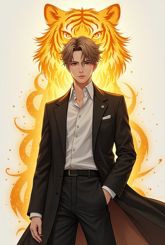 Draw Hwang Jiho manhwa style character from the Korean novel EX rank supporting roles replay in a prestigious school, as a young man, mature boy, high, elegant, arrogant, smiling and mischievous expression, light brown hair and eyes, and behind it a very subtle simple transparent aura with a bright golden tiger shape 