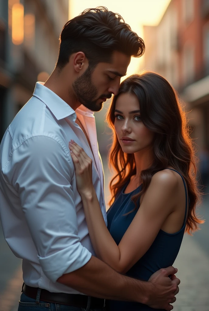 Create a stunning hyper realistic photo of a tall very handsome man with blue eyes and very dark jet black hair,his white long sleeves should be rolled up his biceps and he should be standing behind a young girl of 23 who has brown straight hair and very pretty,he should be kissing her neck
She might love somewhat unhappy though,she should be wearing a dark blue dress.
There should be a blur background of a city and the setting sun