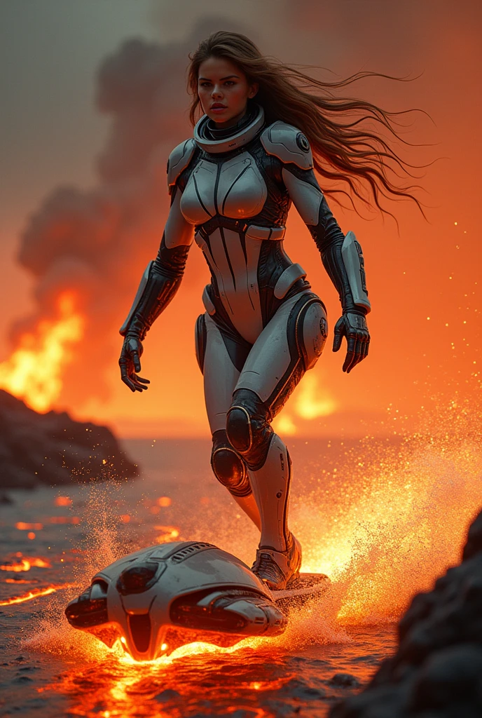 beautiful girl in lava flow during volcanic eruption. detailing, hyperrealism, Figure, sexy protective suit. Mechanical surfboard.