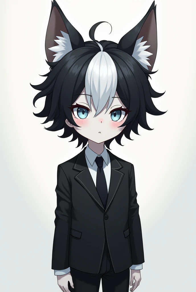 anime character boy with black&white hair, fluffy ears, and a pure white skin tone. The character is faceless and is wearing a black and white suit. 