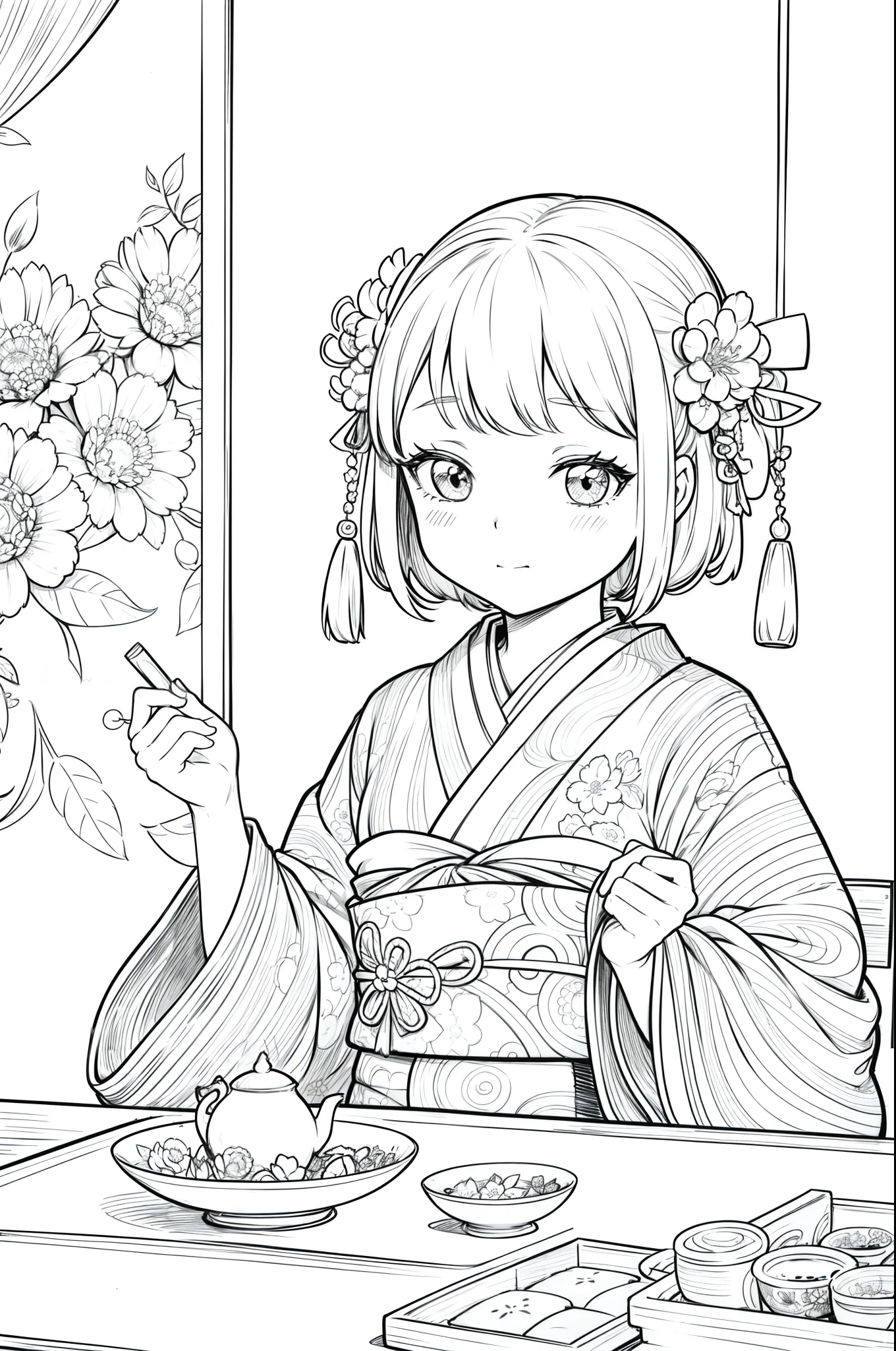 Masterpiece, top class, unique, cute, flowers, line drawing background, white background, monochrome, line drawing, ((sketch)), creepy, white eyes, create a monochrome coloring book that even adults can easily do, a realistic and cute ukiyo-e of a girl in a kimono playing rock-paper-scissors with a tea room in the background where a hanging scroll can be seen, and small plates and tea bowls with sweets on them are lined up on the table, conveying Japanese culture.