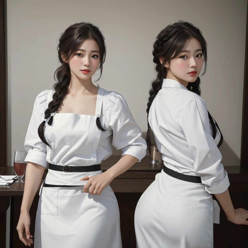 (8K, RAW Photos, 最high quality, masterpiece: 1.2), (Realistic, photoRealistic: 1.37), 1 A woman wearing a white dress and a black apron , At a fine dining restaurant,Super popular waitress、 masterpiece, 最high quality, high quality, High resolution, big booty, medium breasts, medium-length hair with delicate twists at the ends