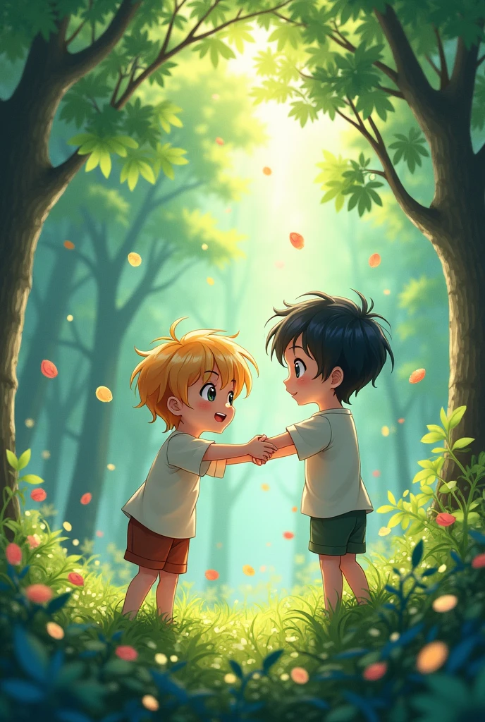 Boys with anime in forest