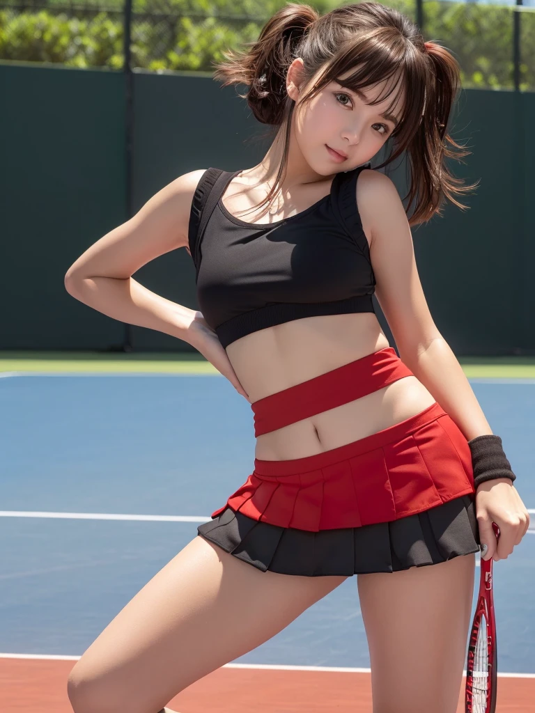 masterpiece, Highest quality,Very detailed,High resolution,(Realistic, photoRealistic:1.37),Excellent anatomy,女の子1 person,(height: 152 cm),1 person,Cowboy Shot,Front view,Tennis Girl,Very beautiful face,Cute type,A small smile,Big Natural Color Lip,(Big and beautiful eyes,Brown eyes,Obvious double:1.2),Small and cute nose,Soft light brown long hair,Asymmetrical bangs,Floating Hair NovaFrog Style,(((Black tennis wear))),(((Red super short mini skirt:1.5))),((Tennis court:1.3)),Soft Light,RAW quality,Soft Skin,(Glowing Skin,Sweaty:1.4),Beautiful Hands,Five strong fingers,Beautiful legs,Voluptuous thighs,Plump body,Huge breasts,(Expresses the roundness and softness of the chest area..........1),Beautiful body,(Perfect Woman),((Provocative dynamic pose:1.3))