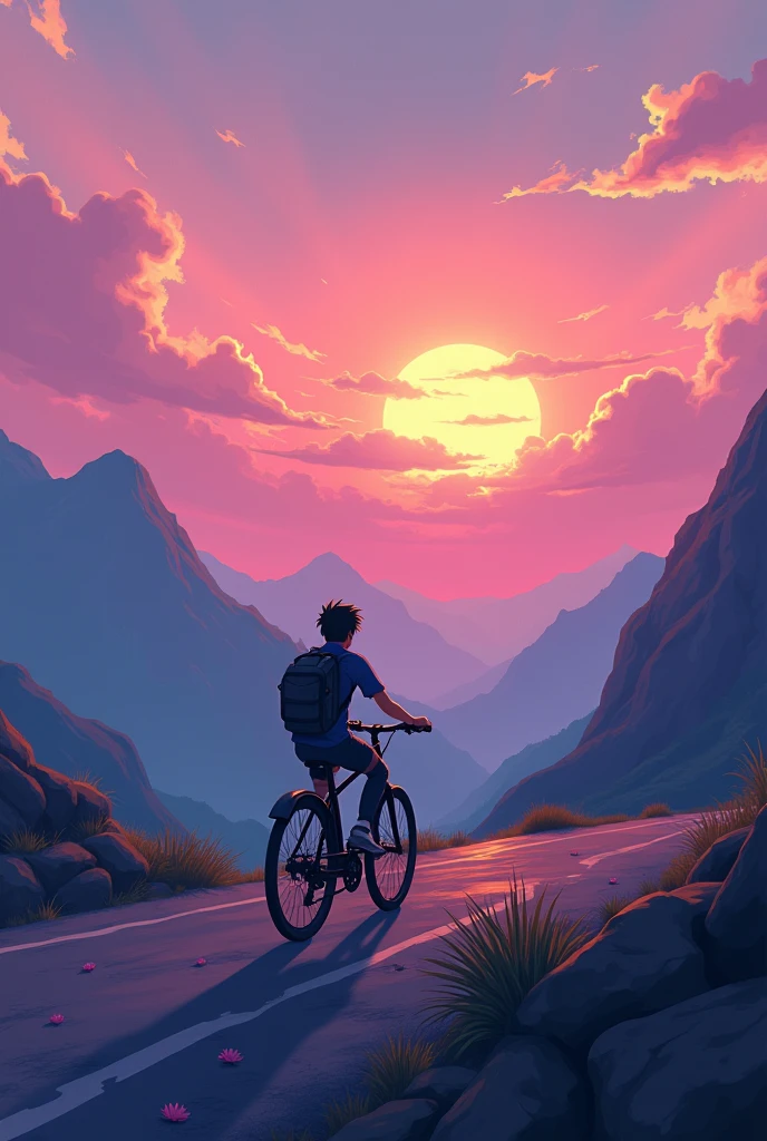 Anime Lofi image for chill sunset vibe one guy riding cycle in mountains going left to right
purple and blue sky and paintstroke clouds landscape mode photo