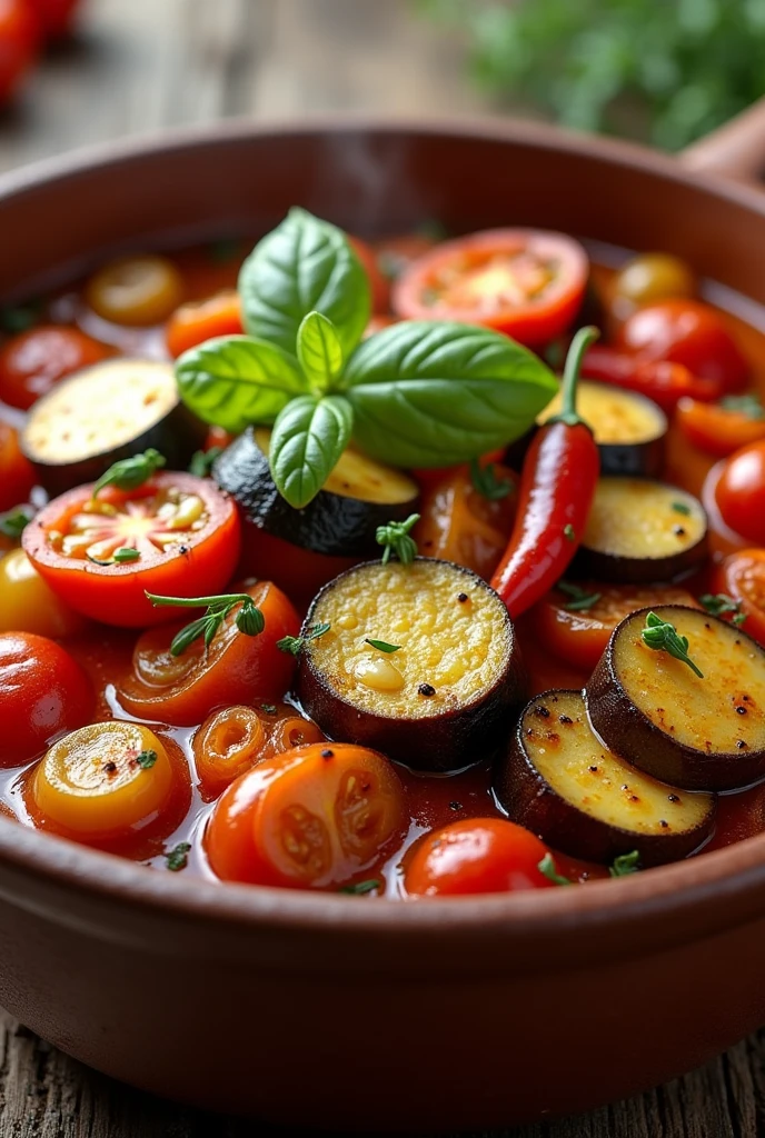 Ratatouille: A classic French dish that combines eggplant, zucchini, Chilies, tomatoes and onion, cooked with herbs such as thyme and rosemary