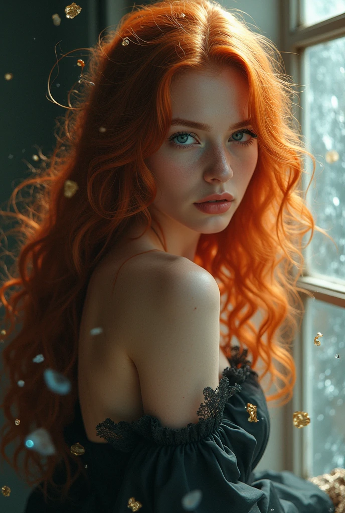 (solo, full body photo:1.3), (action packed:1.3), (haze, fog, mist:1.3), chiaroscuro, best quality, photorealistic, 1woman, (cute), (24yo:1.2), redhead, long ginger hair highly detailed, 1700'S, digital photography, art by artgerm and ruan jia and greg rutkowski surreal painting gold butterfly filigree, broken glass, (masterpiece, sidelighting, finely detailed Fashionable eyes: 1.2) (perfect oval large eyes that gazes at the viewer), beautiful detailed face, blue gorgeous perfect eyes, (blonde hair ponytail), (attractive young woman:1.3), (thick amazing hair), (seductive:1.1), (blushing:1.1), naked full body pic