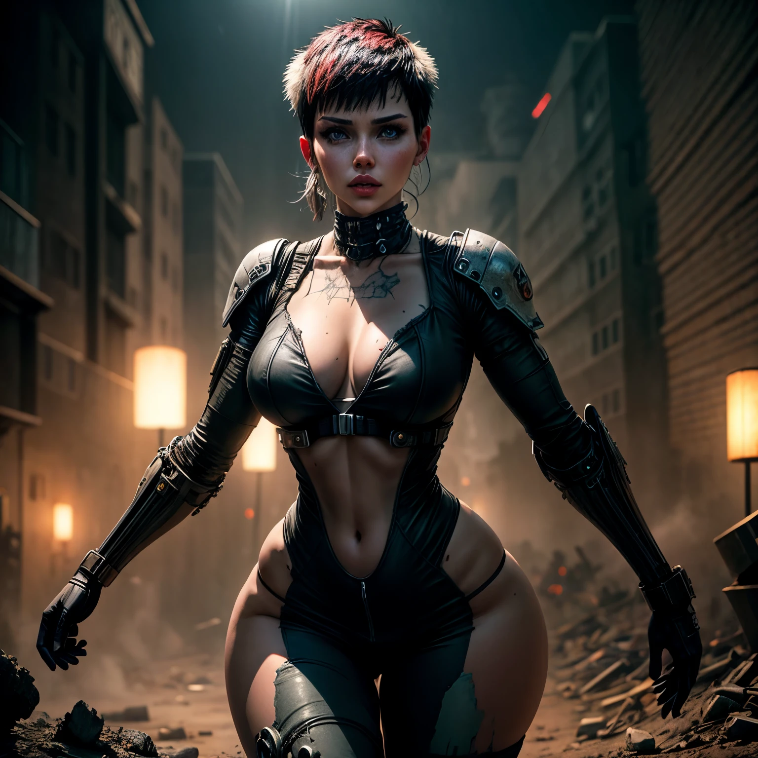 A highly detailed and realistic skull girl,( Anya. Taylor Joy) cyberpunk character, mad max furiosa, one hand robot, cyborg arm, orange hair, dramatic metal heavy rock theme, best quality, 8k, hyperrealistic, photorealistic, extreme detailed painting, studio lighting, vivid colors, dark moody atmosphere, cinematic, dramatic pose, intricate mechanical details, glowing energy effects, intense gritty textures, seamless integration of organic and inorganic elements. Wearing the used clothes of a wastelander. Background: An apocalyptic wasteland. Dusty and depressing.