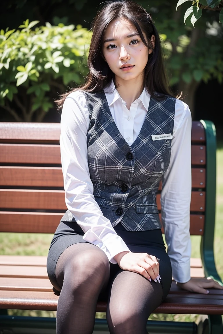 Uruchan-6500-v1.1, (RAW Photos:1.2), (Photorealistic), (Genuine:1.4), １girl、Perfect Anatomy、4、Looking at the camera、Medium Long Hair、Plaid vest、Large Breasts,((Sitting on a bench:1.3))、(Ultra-realistic pantyhose:1.2), (High heels)、(Business services)、