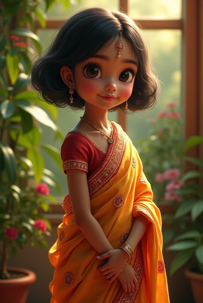 A 1 girl with short hair and her skin colour is light brown and her height is 146 cm wear a nice saree 