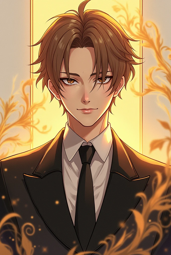Draw Hwang Jiho manhwa style character from the Korean novel EX rank supporting roles replay in a prestigious school, as a young man, mature boy, high, elegant, arrogant, smiling, mischievous expression, light brown hair and eyes, and behind it a very subtle simple transparent aura with a bright golden tiger shape 